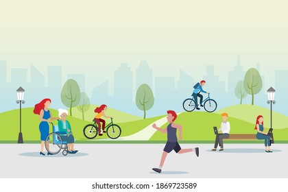 People jogging, cycling, exercising and relaxing at park. Idea for people lifestyle for healthy life in big city. 