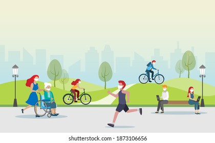 People jogging, cycling, exercising and relaxing at park with face mask. Safety healthy lifetyle during covid-19 pandemic. New normal and social distancing to prevent from Covid-19 coronavirus.