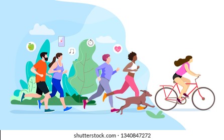 People jogging and exercise. Running sport people,be active, healthy lifestyle. Vector graphic illustration. 