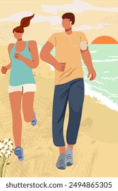 Personas trotar, trotar, corredores entrenando contra el fondo del panorama del mar, océano, en vacaciones de verano, puesta del sol, salida del sol.  Deportes de hombres, mujeres, atletas entrenando al aire libre. 