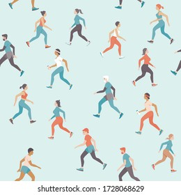 People Jogging And Keeping Social Distance On Coronavirus COVID-19 Outbreak Quarantine. Daily Exercise Outside. Flat Vector Seamless Pattern