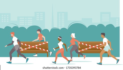 People Jogging And Keeping Social Distance On Coronavirus COVID-19 Outbreak Quarantine. Daily Exercise Outside. Flat Vector Illustration