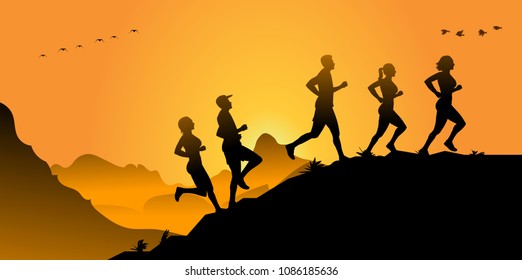 People jogging on hill silhouette