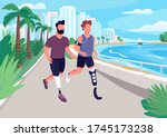 People jogging on seafront flat color vector illustration. Men with artificial limbs running. Guys at promenade. Male 2D cartoon characters with luxury resort coastline on background