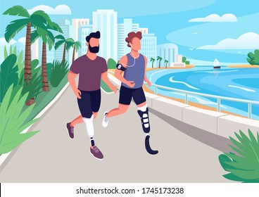 People jogging on seafront flat color vector illustration. Men with artificial limbs running. Guys at promenade. Male 2D cartoon characters with luxury resort coastline on background