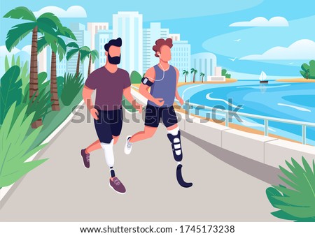 People jogging on seafront flat color vector illustration. Men with artificial limbs running. Guys at promenade. Male 2D cartoon characters with luxury resort coastline on background