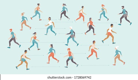 people jogging outside and keeping social distance on coronavirus COVID-19 outbreak quarantine. Flat vector illustration