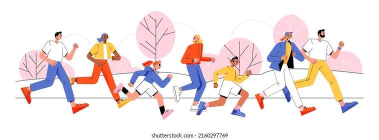 People jogging in park. Concept of sport activity, outdoor exercises, marathon, healthy lifestyle. Vector flat illustration of diverse men and women run on road in park together