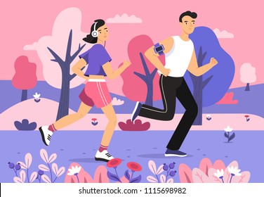 People jogging in park vector illustration of young man and woman running sport marathon in outdoor. Cartoon teen boy with smartphone and girl in earphones for summer fitness exercises