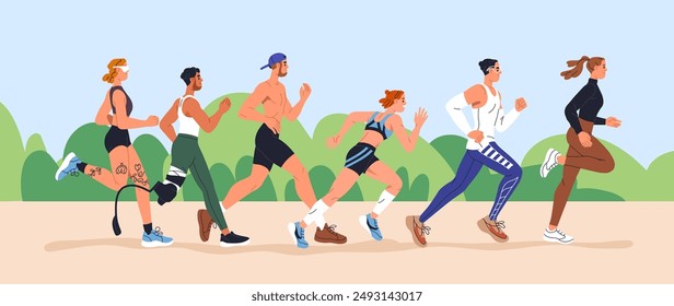 People jogging, running together in park. Inclusive joggers group, outdoor training and cardio exercise. Active fit runners, healthy physical activity, sport in nature. Flat vector illustration