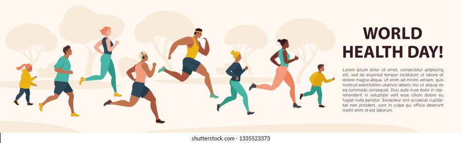 People Jogging Sport Family Fitness Run Training World Health Day 7 April Flat Vector Illustration.