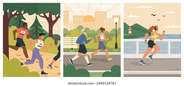 People jogging training outdoors enjoying sport scene set