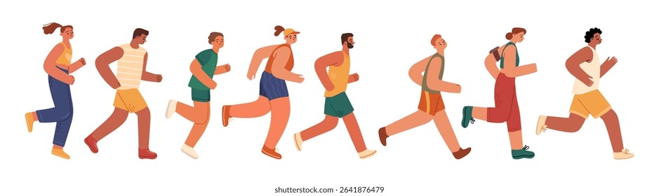 People jogging or working out in morning. Vector in flat style, isolated set of marathon runners, men and women doing exercises. Staying healthy or participating in sportive competition