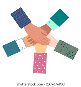 People join hands together. Teamwork. Partnership and agreement. Social community and unity. Stack of hands top view sketch vector illustration.