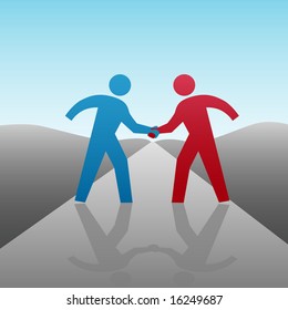 People join in a handshake & agree to progress together & cooperate in a business or other deal as a team.