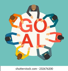 People joining letters on the table building word GOAL, vector illustration 