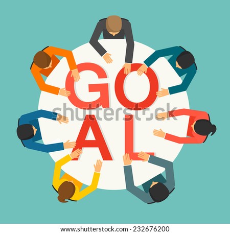 People joining letters on the table building word GOAL, vector illustration 