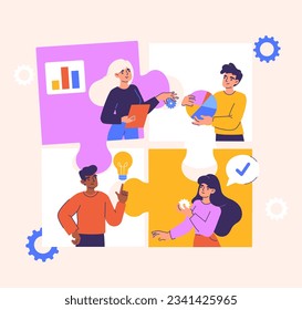 People with joint work concept. Men and women work on common project. Collaboration and cooperation, teamwork. Remote employees working on common project. Cartoon flat vector illustration