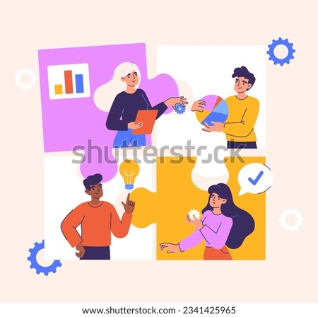 People with joint work concept. Men and women work on common project. Collaboration and cooperation, teamwork. Remote employees working on common project. Cartoon flat vector illustration