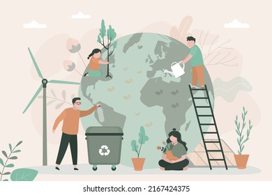 People jointly care for and cleanse planet. Little children plant and water trees. Man collects plastic bottles for recycling. Environmental protection. Ecological movement. Flat vector illustration