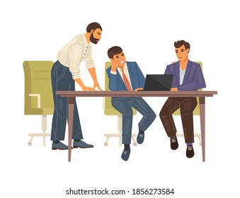 People jointly solve problems, think about projects, study statistics, discuss partnership. Team collaboration, success, achievement of goals. Business partners discuss prospects. Vector illustration.