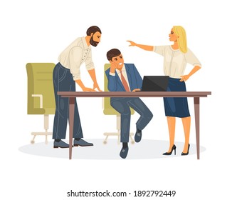 People jointly solve problems, think about projects, study statistics, discuss partnership. Team collaboration, success, achievement of goals. Business partners discuss prospects. Vector illustration.