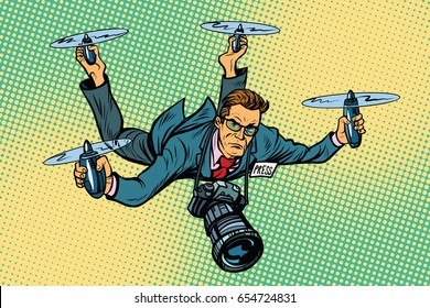 People journalist quadcopter drone. paparazzi photographer blogger. Pop art retro vector illustration