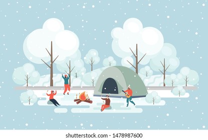 People joyfully camping to celebrate the coming snowing in winter season around bonfire by singing and eating barbecue. Vector illustration.