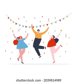 People are joyfully jumping around in confetti and holiday flags. Corporate party at the office. Flat vector illustration.