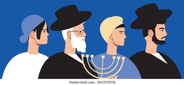 People are Judaists, religion is Judaism. Flat vector stock illustration. Jews in religious clothes. National confession. Religious teaching. Men and women practice Judaism. Vector graphics