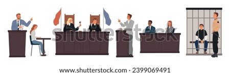 People in judicial system. Courtroom elements. Law representatives. Jurors and lawyers at tribunes. Prosecutor, accused or judge. Attorneys in lawsuits. Crime in cell