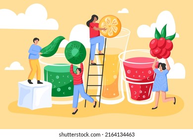 People with juice drink. Men and women with big cocktail glasses. Soda water cups. Beach girl characters carry fruits and berries. Summer beverages with lemon in cafe. Vector illustration - Shutterstock ID 2164134463