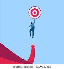 people jump from arrows towards a high target, a metaphor for high expectations. Simple flat conceptual illustration.