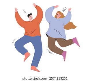 
People jump for joy, raise their hands up, rejoice in life and victory. A man and a woman are dancing, suspended in the air. Vector flat graphics.