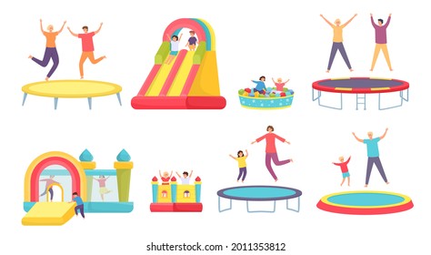 People jump on trampoline. Happy adults, kids and family bounce on trampolines, inflatable house and slide. Active entertainment vector set. Illustration trampoline and playground for children