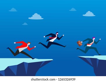 people jump over the chasm. leadership business concept illustration - Vector