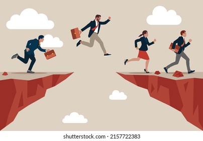 People jump over the chasm. leadership business concept illustration - Vector