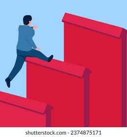 People jump over the upward arrow that forms a ladder, a metaphor of the path to business success