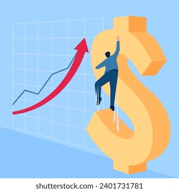 people jump to reach the top of the dollar sign, a metaphor for rising wages. Simple flat conceptual illustration.