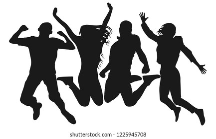 People jump vector silhouette. Cheerful man and woman isolated. Jumping friends colorful background