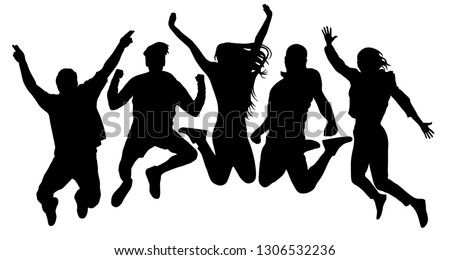People jump vector silhouette. Jumping friends youth background. Crowd people, close to each other. Cheerful man and woman isolated