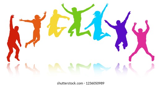 People in a jump, youth celebrating. Cheerful group of people, semicircle in the form of a rainbow. Colorful vector silhouette