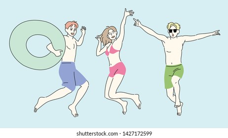 People jumping in bathing suits. hand drawn style vector design illustrations. 