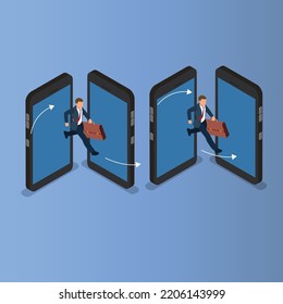 People jumping between mobile devices 3d isometric vector illustration concept for banner, website, landing page, ads, flyer template