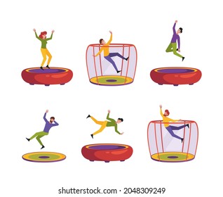 People jumping. Characters attraction on inflatable trampolines teen cheerful tumblers garish vector illustrations isolated