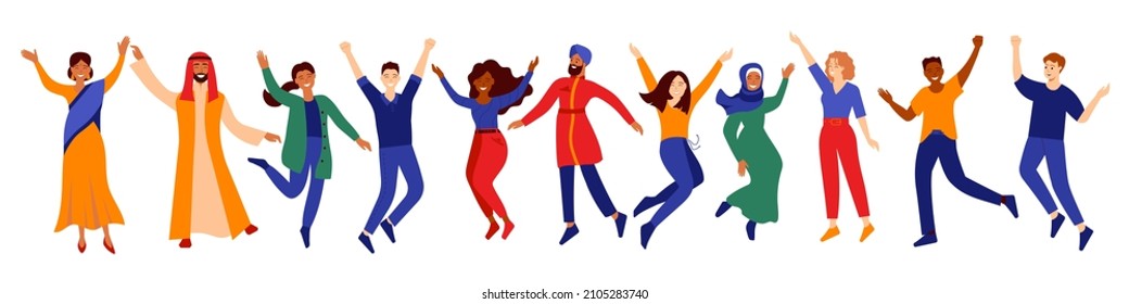 People jumping, dancing with joy. Set of multinational positive people having fun together. Multicultural crowd of diverse men and women enjoing. Excited smiling students. Vector illustration isolated