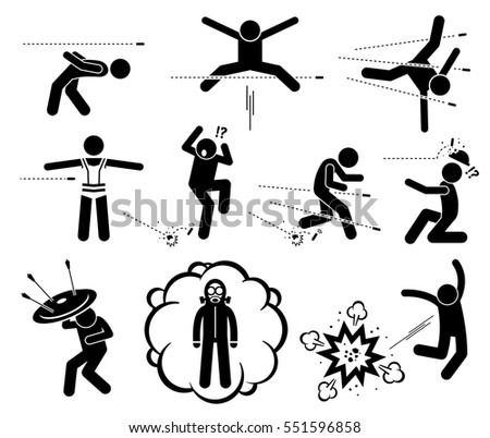 People jumping and evading gun bullet and explosion bomb attack. Person saved by bulletproof vest, shield, helmet and running away from shooting. Man wearing gas mask to avoid poisonous or toxic gas.
