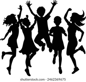 People jumping, friends man and woman set. Cheerful girls and boys silhouette collection vector. Fun Icon