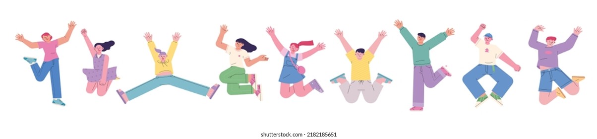 People are jumping happily. flat design style vector illustration.