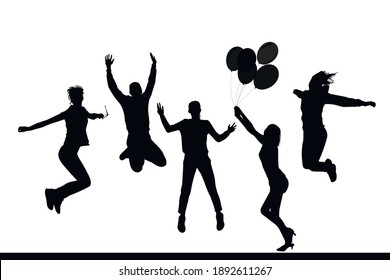 People jumping and having fun, girl with balloons, vector silhouettes.